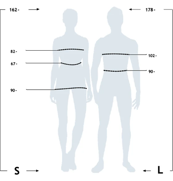 Size guide Diagram with two figures: size S – height 162 cm, chest 82 cm, waist 67 cm, hips 90 cm; size L – height 178 cm, chest 102 cm, waist 90 cm